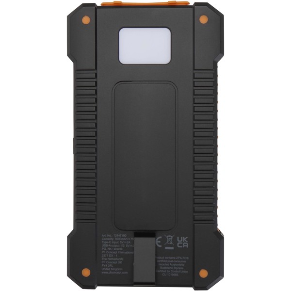 Altair 5000 mAh 10W recycled plastic rugged solar power bank with built-in torch
