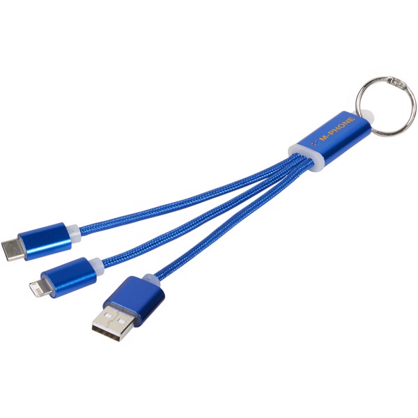 Metal 3-in-1 charging cable with keychain - Royal blue