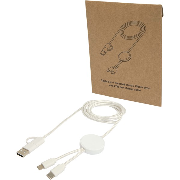 Citala 5-in-1 recycled plastic 150 cm data sync and 27W fast charge cable - White