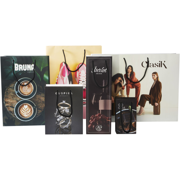 Handmade 170 g/m2 integra paper bag with plastic cord handles - 18 x 9 x 23 cm - White / Black