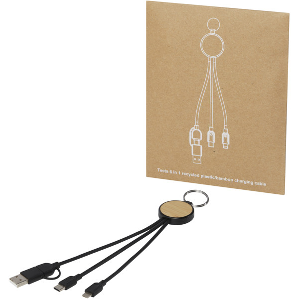 Tecta 6-in-1 recycled plastic/bamboo charging cable with keyring