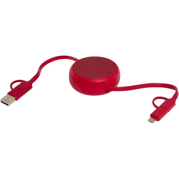 Alasia 5-in-1 100 cm recycled plastic and aluminium retractable data sync and 45W fast charge cable - Red
