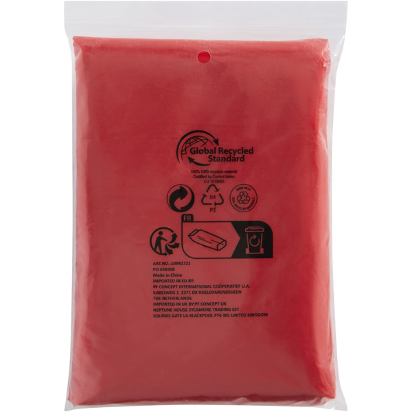 Mayan recycled plastic disposable rain poncho with storage pouch - Red