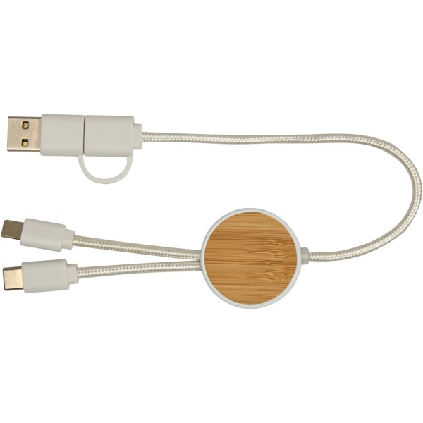 Chechia 5-in-1 recycled plastic 30 cm data sync and 27W fast charge cable with bamboo details - White