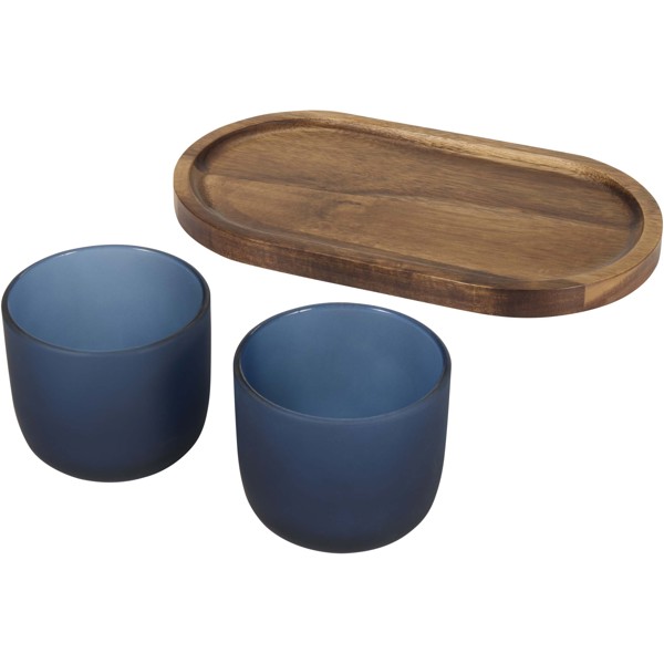 Male wooden serving tray and glass cups with matt finish set - Hale Blue