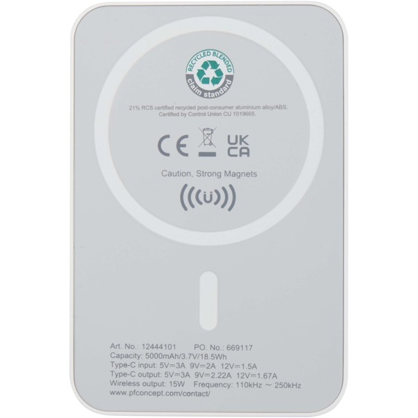 Acrab 5000 mAh 15W magnetic wireless power bank with 20W PD - made from recycled plastic - White