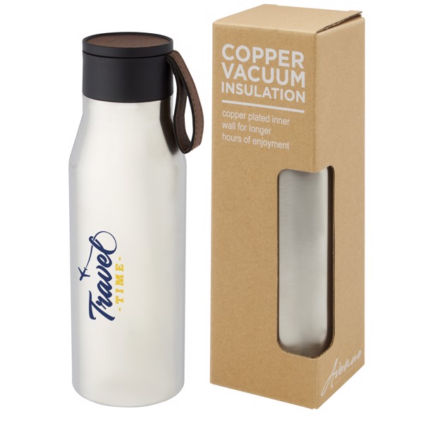 Ljungan 500 ml copper vacuum insulated stainless steel bottle with PU leather strap and lid - Silver