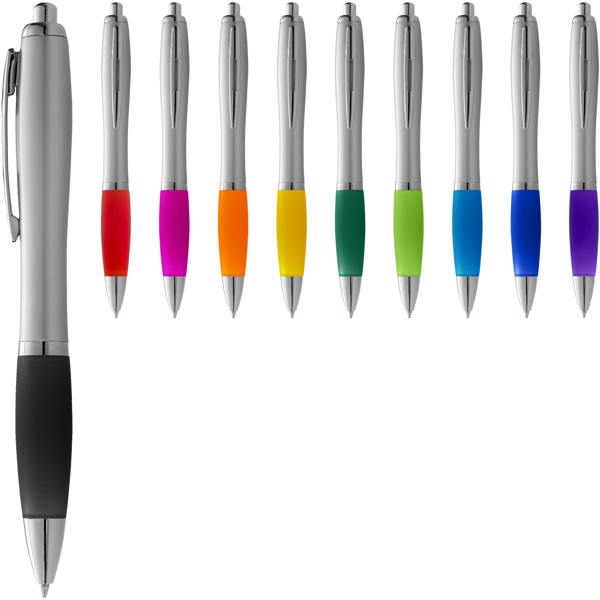 Nash ballpoint pen with silver barrel and coloured grip