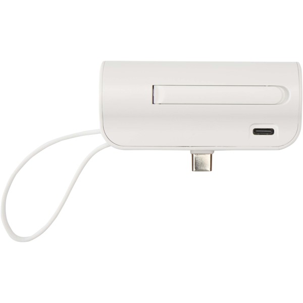 Alnair 5000 mAh 10W recycled plastic Type-C power bank with built-in flip stand and 2-in-1 cable - White