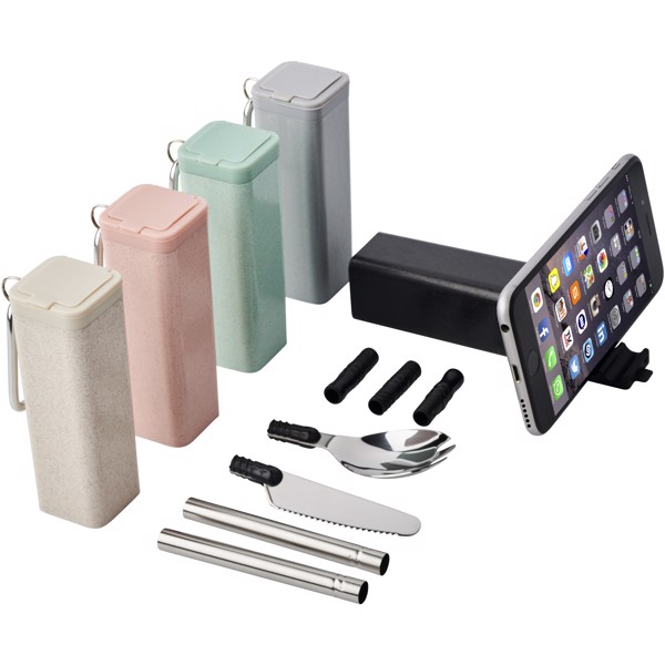 Sada příborů Galen z pšeničné slámy a s držákem na telefon - Černá