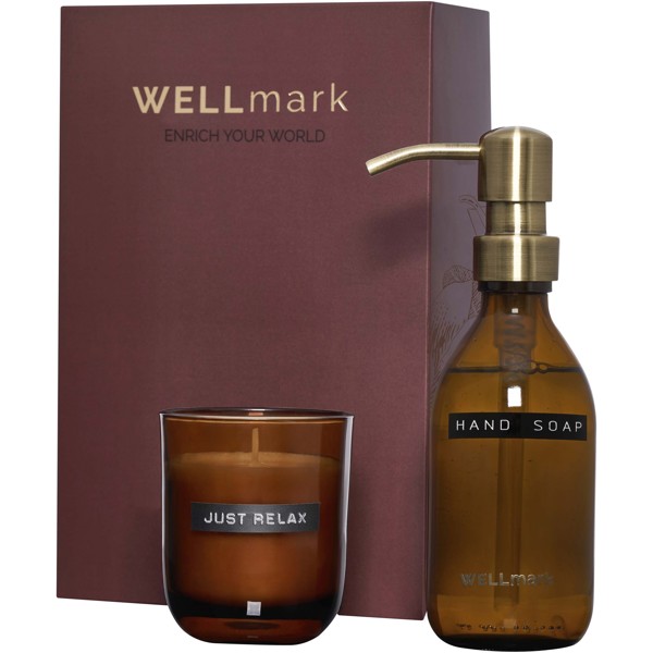 Wellmark Discovery 250 ml hand soap dispenser and 150 g scented candle set - Maroon