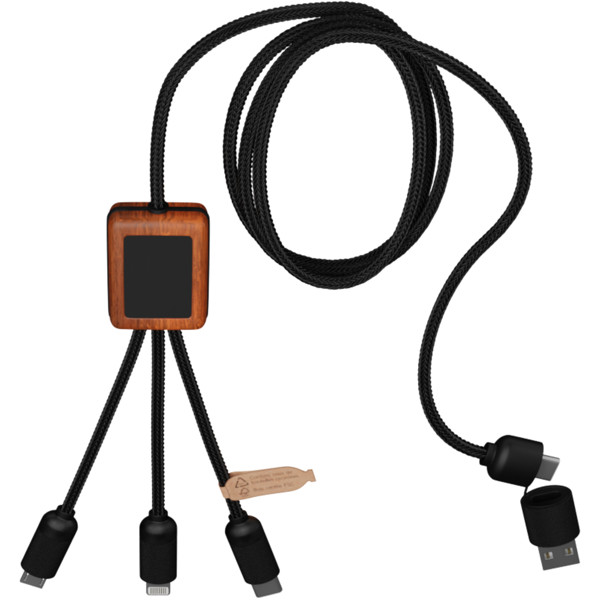 SCX.design C38 40W 5-in-1 rPET light-up logo charging cable with squared wooden casing - Blue / Wood