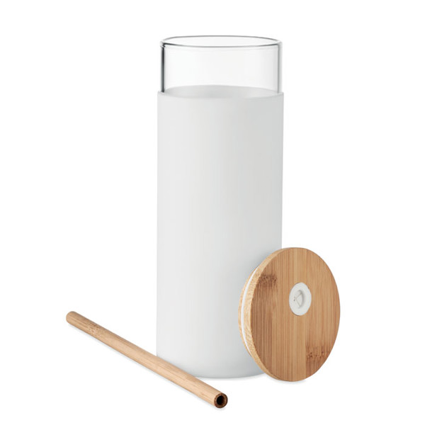 Glass tumbler 450ml bamboo lid Strass - White