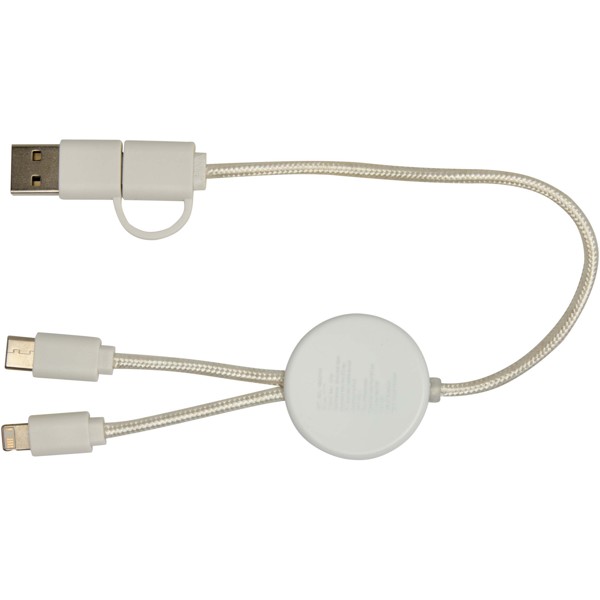 Chechia 5-in-1 recycled plastic 30 cm data sync and 27W fast charge cable with bamboo details - White