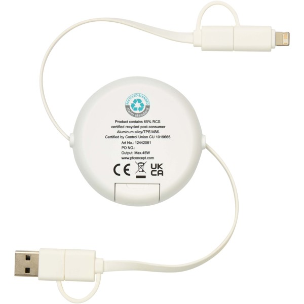Alasia 5-in-1 100 cm recycled plastic and aluminium retractable data sync and 45W fast charge cable - Silver