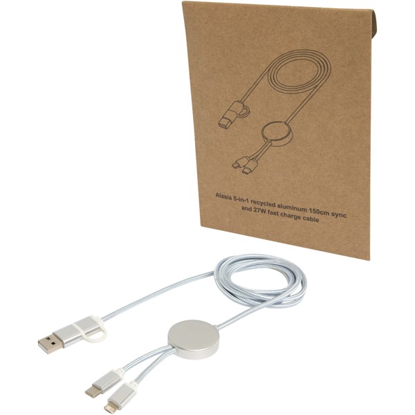 Alasia 5-in-1 recycled aluminium and plastic 150 cm data sync and 27W fast charge cable - Silver