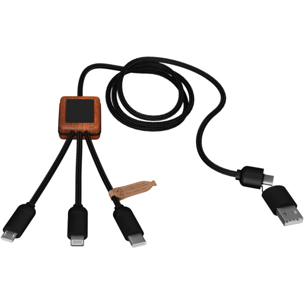SCX.design C38 40W 5-in-1 rPET light-up logo charging cable with squared wooden casing - Blue / Wood