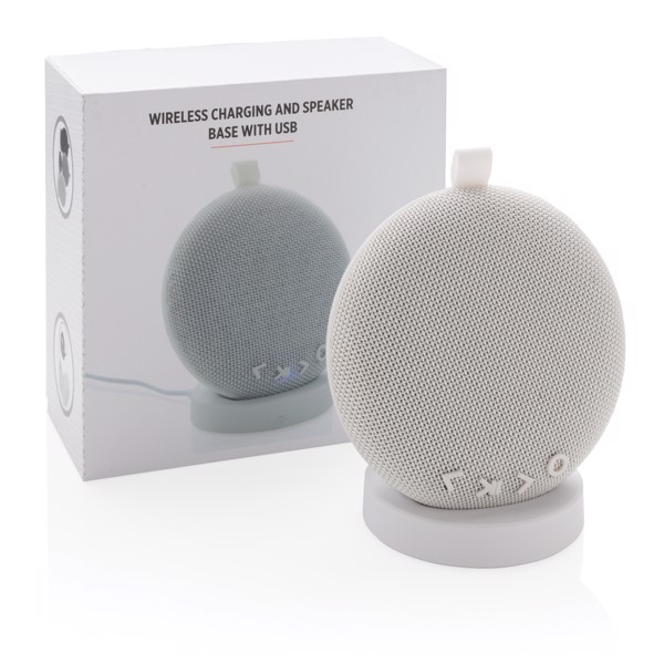 Wireless charging and speaker base with USB