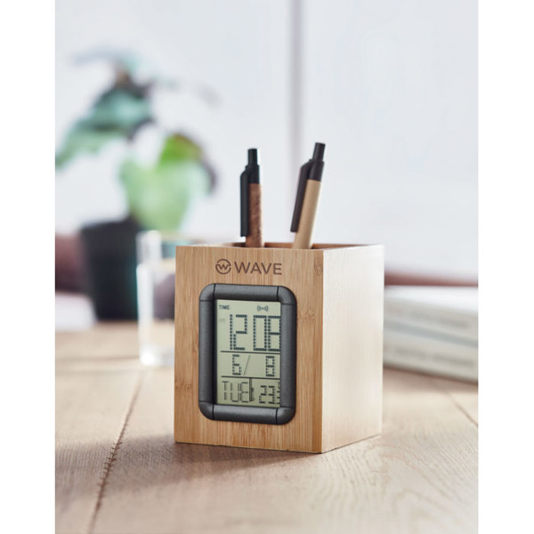 Bamboo pen holder and LCD clock Manila