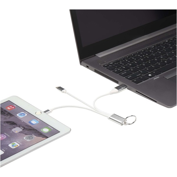 Metal 4-in-1 recycled aluminium charging cable with keychain - Silver