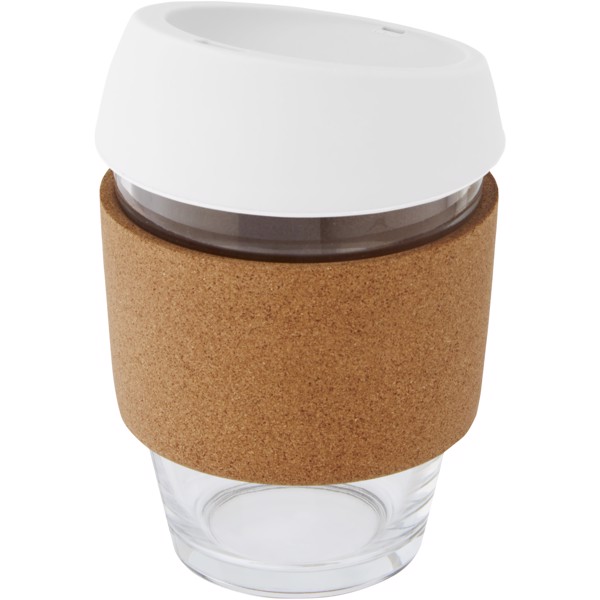 Lidan 360 ml borosilicate glass tumbler with cork grip and silicone lid - White