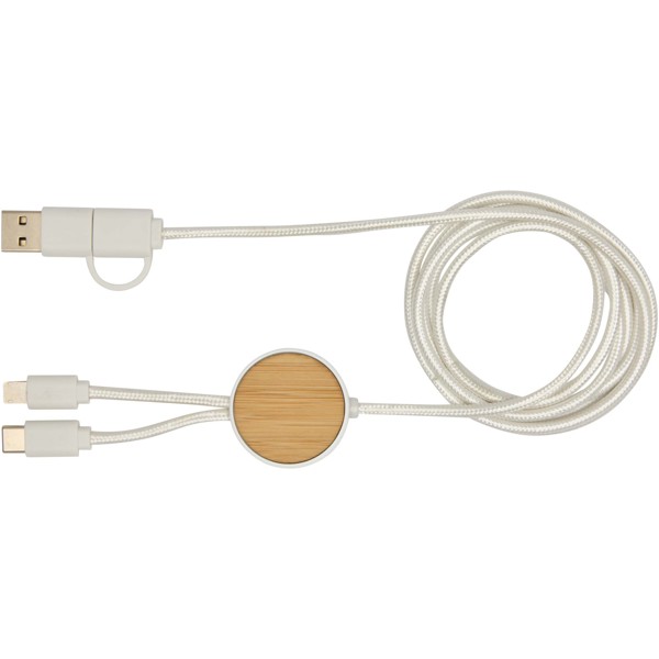 Chechia 5-in-1 recycled plastic 150 cm data sync and 27W fast charge cable with bamboo details - White