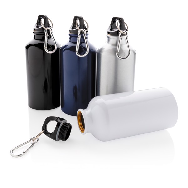 Aluminium reusable sport bottle with carabiner - White
