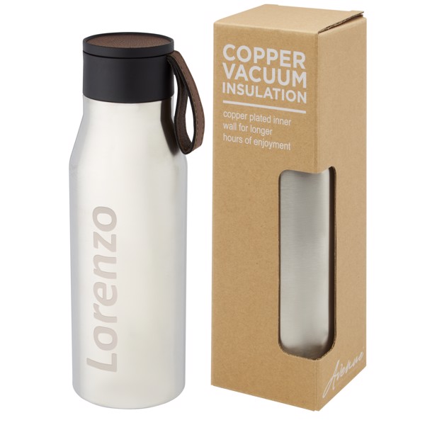 Ljungan 500 ml copper vacuum insulated stainless steel bottle with PU leather strap and lid - Silver