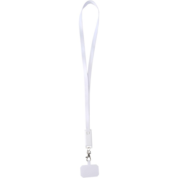 Franz recycled plastic smartphone lanyard with built-in data sync and 65W fast charge 5-in-1 cable - White