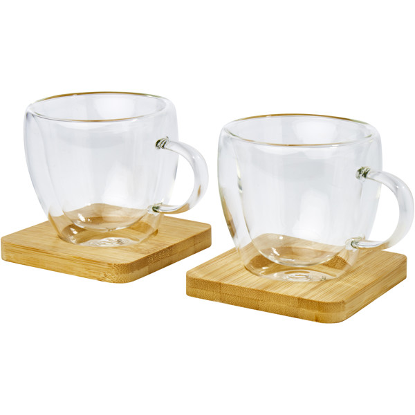 Manti 2-piece 100 ml double-wall glass cup with bamboo coaster