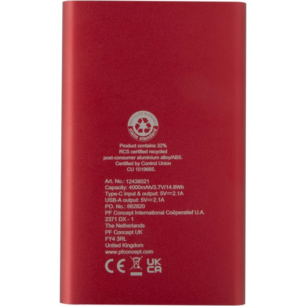 Pep 4000 mAh Type-C recycled aluminium power bank - Red