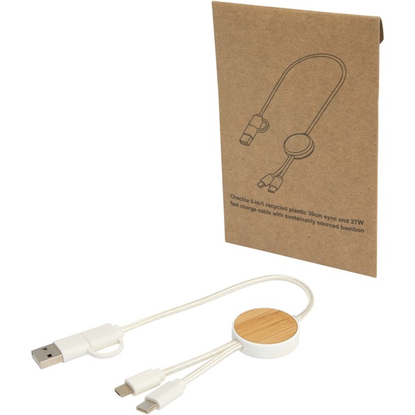 Chechia 5-in-1 recycled plastic 30 cm data sync and 27W fast charge cable with bamboo details - White