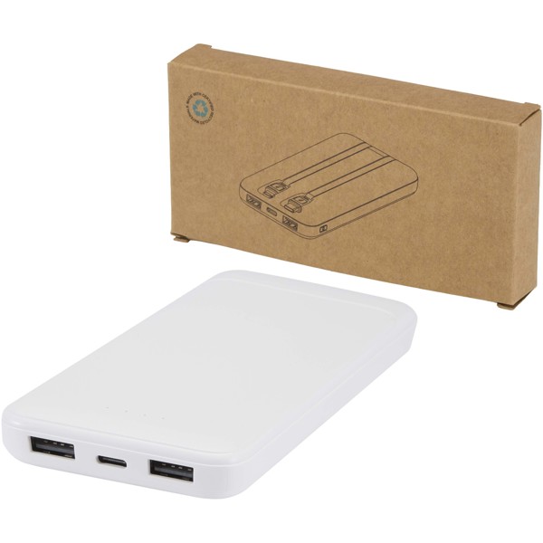 Adhil 10.000 mAh 10W recycled plastic power bank with 2 built-in cables - White