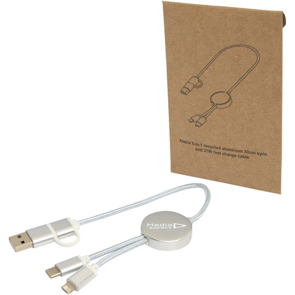 Alasia 5-in-1 recycled aluminium and plastic 30 cm data sync and 27W fast charge cable - Silver