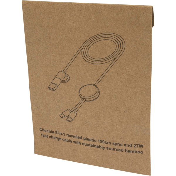 Chechia 5-in-1 recycled plastic 150 cm data sync and 27W fast charge cable with bamboo details - White