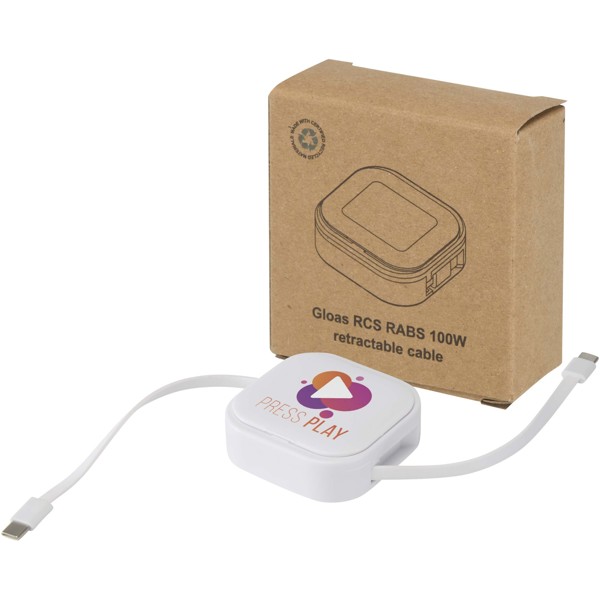 Gloas 5-in-1 recycled retractable data sync and 100W fast charge cable with smartphone tool kit - White