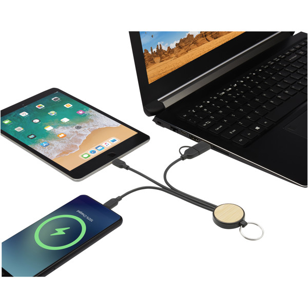 Tecta 6-in-1 recycled plastic/bamboo charging cable with keyring