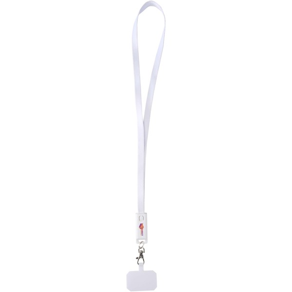 Franz recycled plastic smartphone lanyard with built-in data sync and 65W fast charge 5-in-1 cable - White