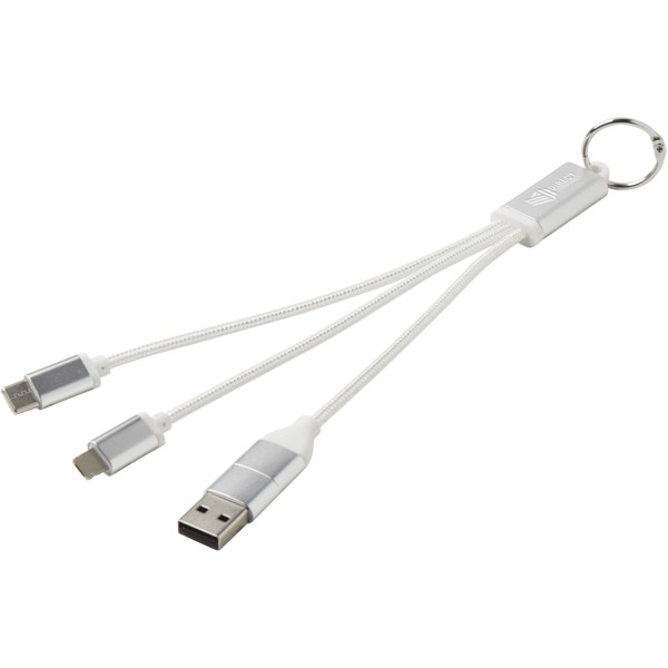 Metal 4-in-1 recycled aluminium charging cable with keychain - Silver