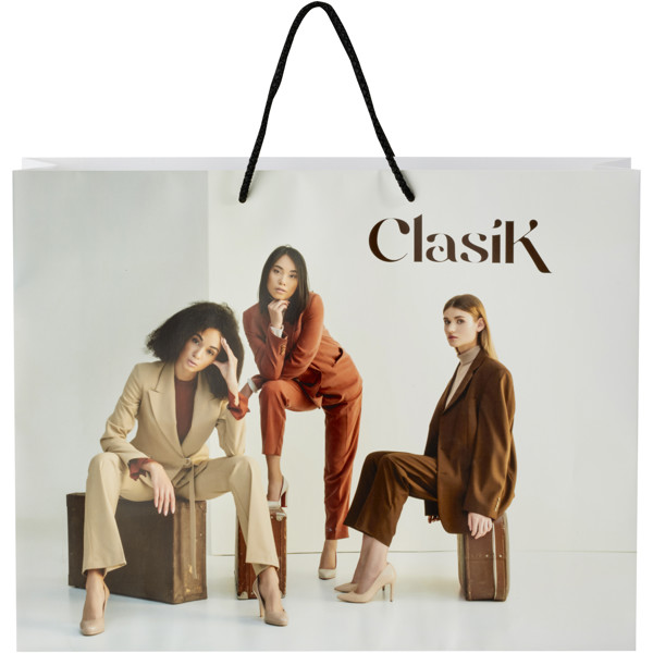 Handmade 170 g/m2 integra paper bag with plastic cord handles - 45 x 10 x 35 cm - White / Black