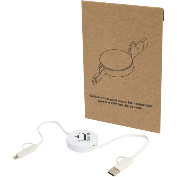 Citala 5-in-1 recycled plastic 90 cm retractable data sync and 40W fast charge cable - White