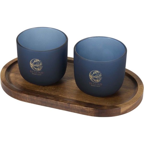 Male wooden serving tray and glass cups with matt finish set - Hale Blue