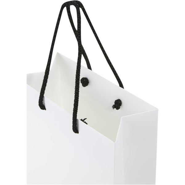 Handmade 170 g/m2 integra paper bag with plastic cord handles - 18 x 9 x 23 cm - White / Black