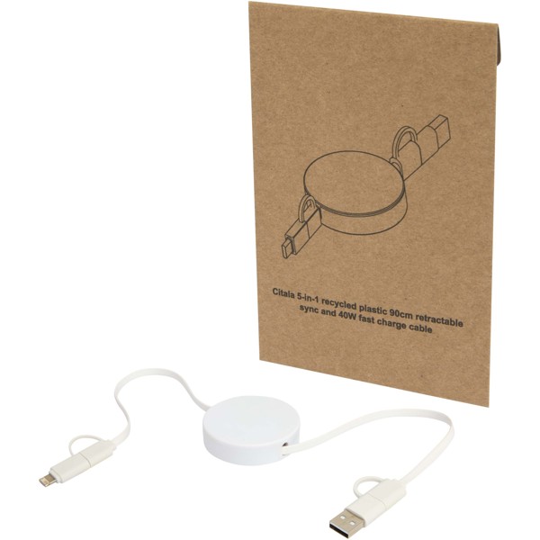 Citala 5-in-1 recycled plastic 90 cm retractable data sync and 40W fast charge cable - White