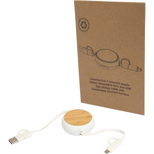 Chechia 5-in-1 recycled plastic 100 cm retractable data sync and 45W fast charge cable - White