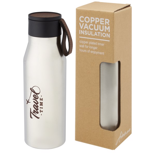 Ljungan 500 ml copper vacuum insulated stainless steel bottle with PU leather strap and lid - Silver
