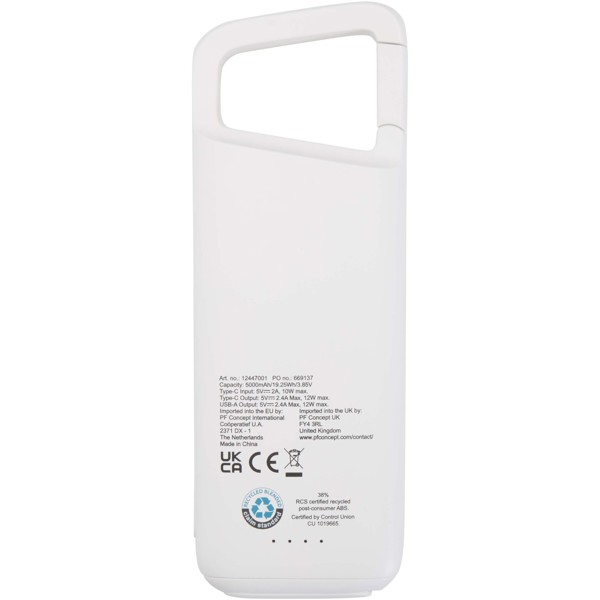Alkes 5000 mAh 12W recycled plastic water resistant power bank with carabiner - White