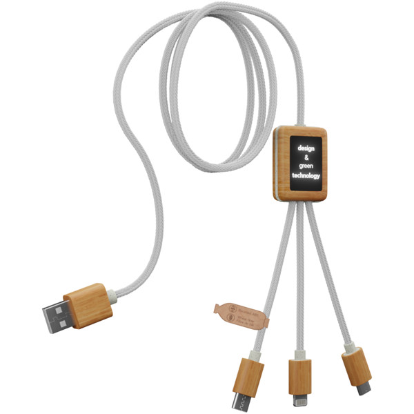 SCX.design C39 3-in-1 rPET light-up logo charging cable with squared bamboo casing