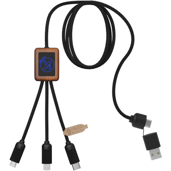 SCX.design C38 40W 5-in-1 rPET light-up logo charging cable with squared wooden casing - Blue / Wood