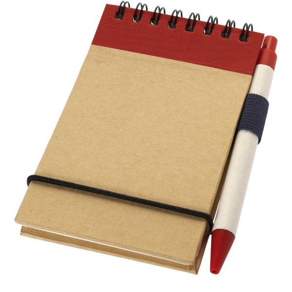 Bloc de notas A7 de papel reciclado con bolígrafo "Zuse" - Natural / Rojo